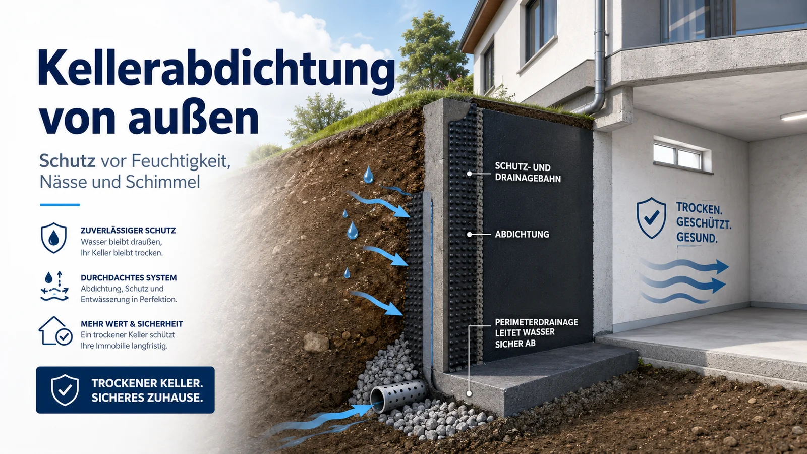 Kellerabdichtung von außen: Schnitt durch eine abgedichtete Kellerwand mit Abdichtung, Schutz- und Drainagebahn sowie Perimeterdrainage, die Wasser sicher ableitet – für einen trockenen Keller
